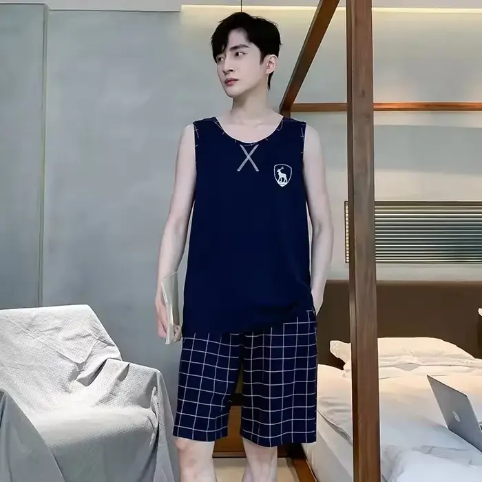 Ensemble de pyjama d'été pour homme, short à carreaux et gilet sans manches, deux pièces, vêtements de nuit sportifs avec badge brodé, pyjamas cool