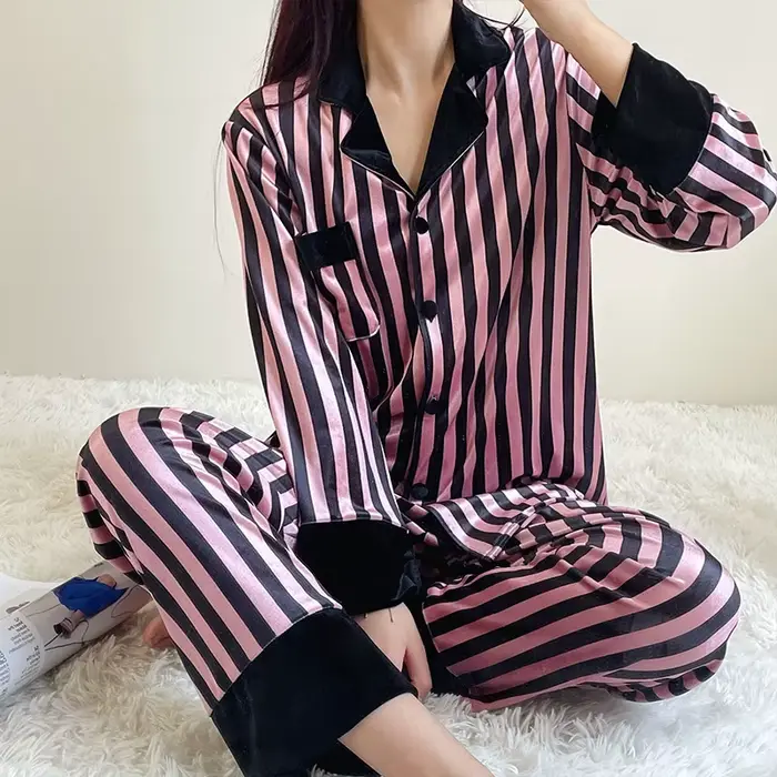 Pyjama rayé noir pour femme, ensemble de vêtements de nuit et d'intérieur de luxe à manches longues