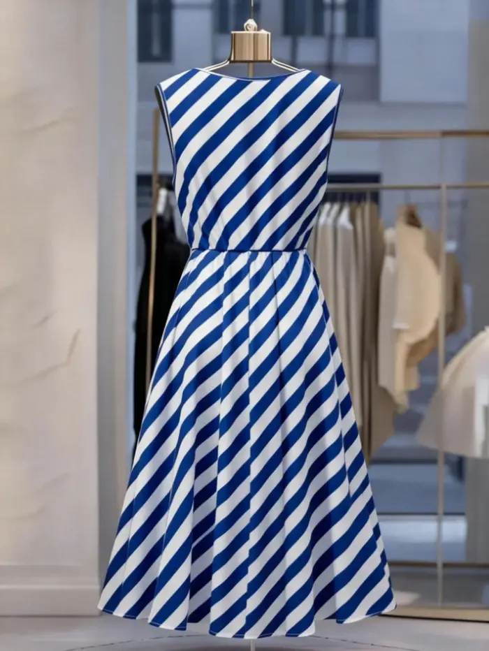 Robe rétro à rayures françaises pour femme avec ceinture à nouer