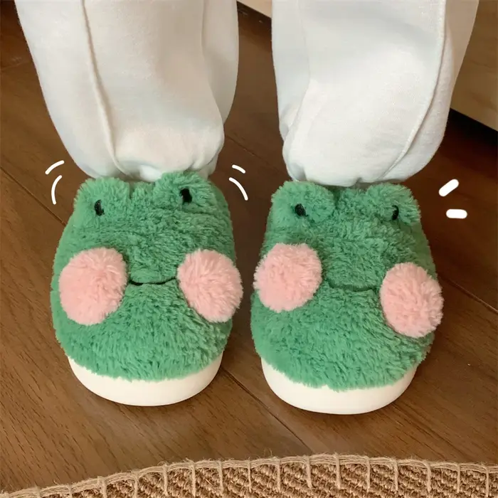 Pantoufles en coton grenouille de dessin animé pour femmes et hommes