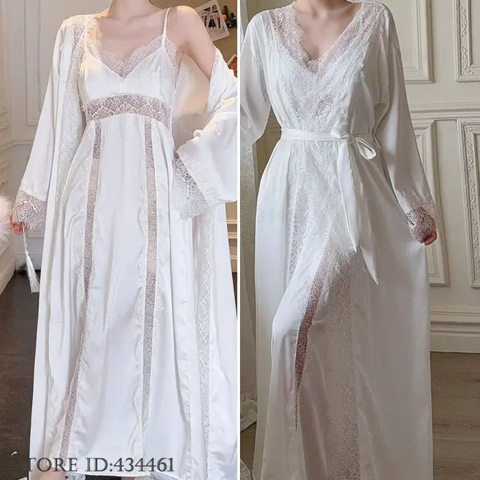Femmes longue Twinset Robe ensemble Sexy dentelle garniture mariage peignoir Kimono