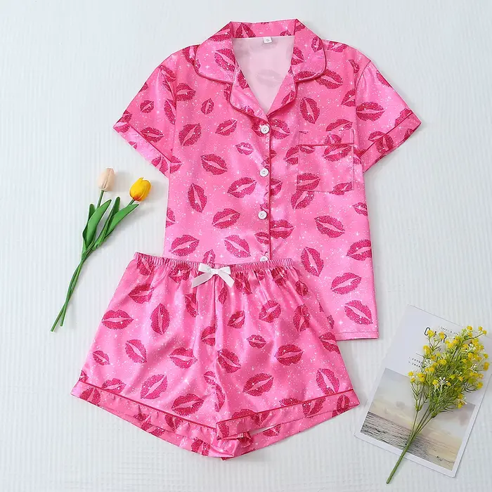 [Saint valentin] Pyjama 2 pièces en satin avec imprimé lèvres, short à manches courtes, pyjama pour 