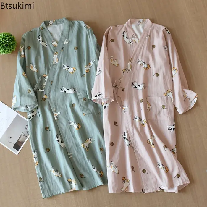 Robe de Nuit Femme 2026 100% Coton, Kimono à Manches Trois-Quarts, Pyjama Ample avec Imprimé Chat de Dessin Animé, Peignoir pour Couple