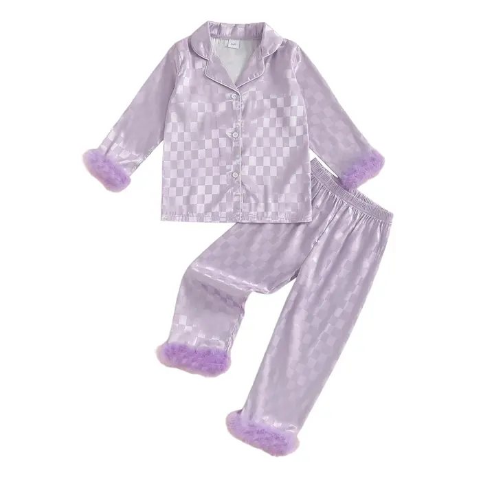 Ensemble pyjama à carreaux pour bébés filles, 2 pièces, garniture en fourrure, revers, col en V, man