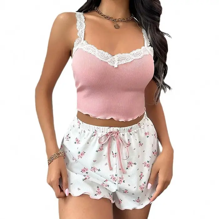 Femmes pyjama ensemble dentelle Patchwork col en v vêtements de nuit Sexy nuisettes costume Camisole haut imprimé