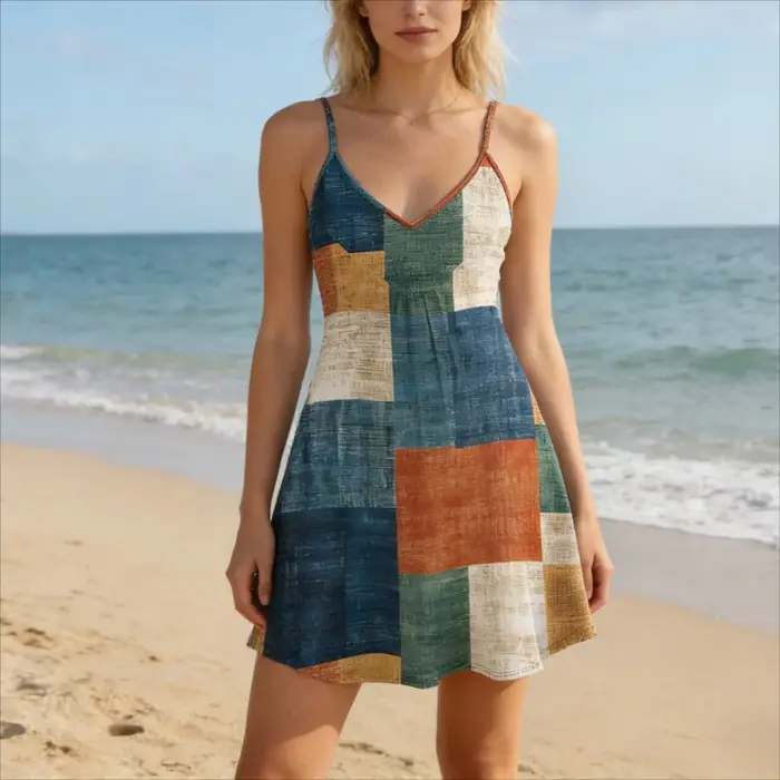 Robe à bretelles spaghetti à imprimé géométrique vintage pour femmes