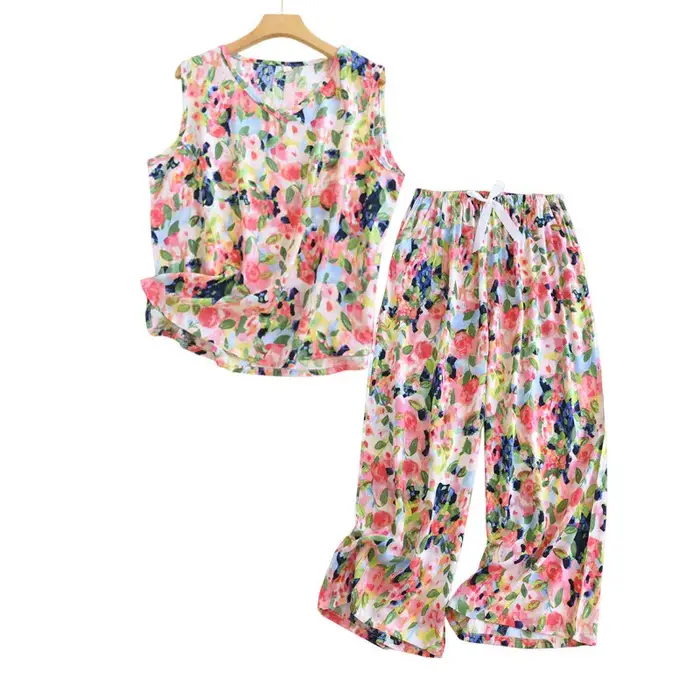 Ensemble pyjama 2 pièces en coton et Viscose pour femmes, haut fin sans manche avec pantalon court, vêtements de maison amples et lisses, été