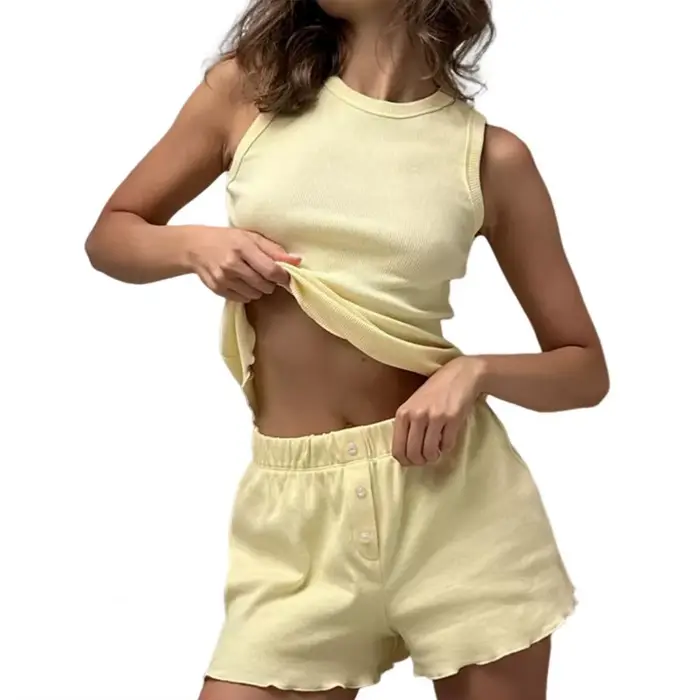 Ensemble débardeur côtelé et short pour femme, pyjama printemps-été, couleur unie, confortable, tenu