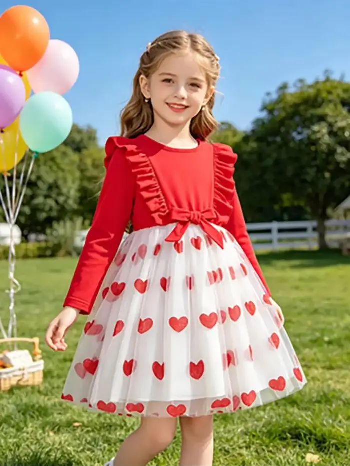 Robe en tulle rouge pour filles, robe de princesse à manches longues avec nœud, jupe moelleuse pour 