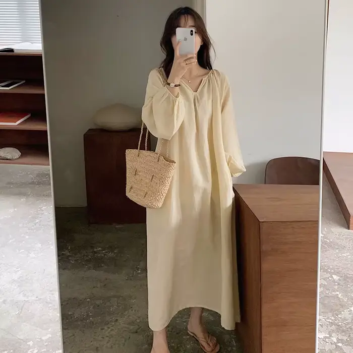 Robe pyjama vintage 100% coton pour femmes, col en V, manches longues, style coréen, confortable, te