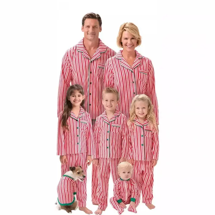Ensemble pyjama de noël en famille, imprimé rayé, vêtements assortis, col rabattu, chemise à boutons + pantalon, costume 2 pièces, Look de noël