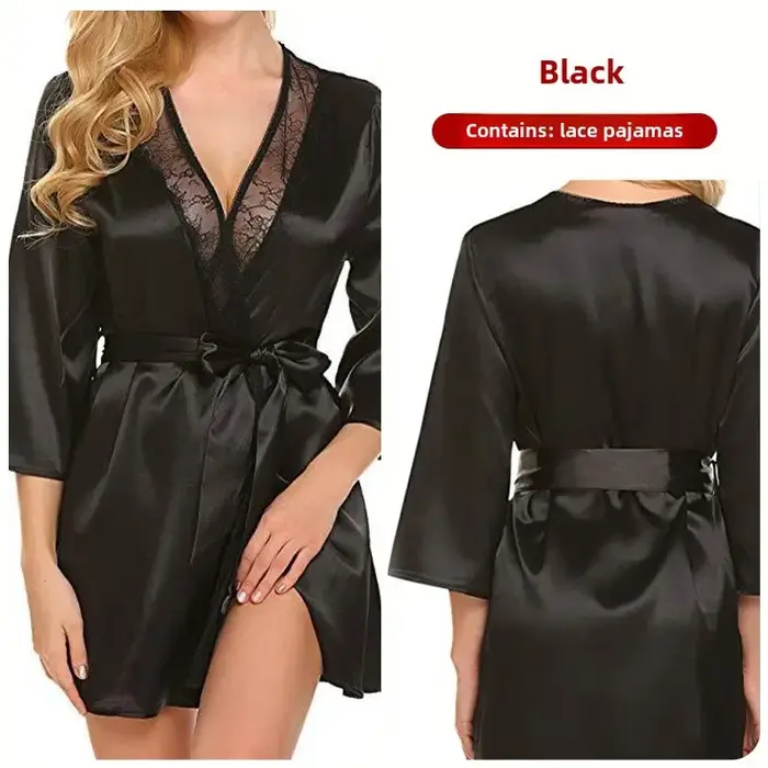 Chemise de nuit à manches longues pour la maison, Robe de chambre fine et Sexy à lacets pour femmes,