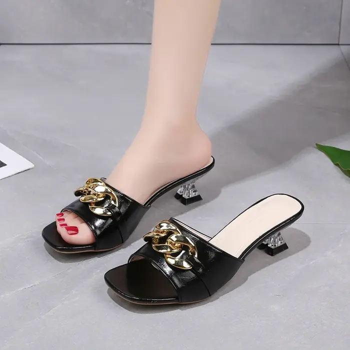 Femmes pantoufles Mules diapositives chaussures femme talons clairs sandales avec chaîne talons bas 