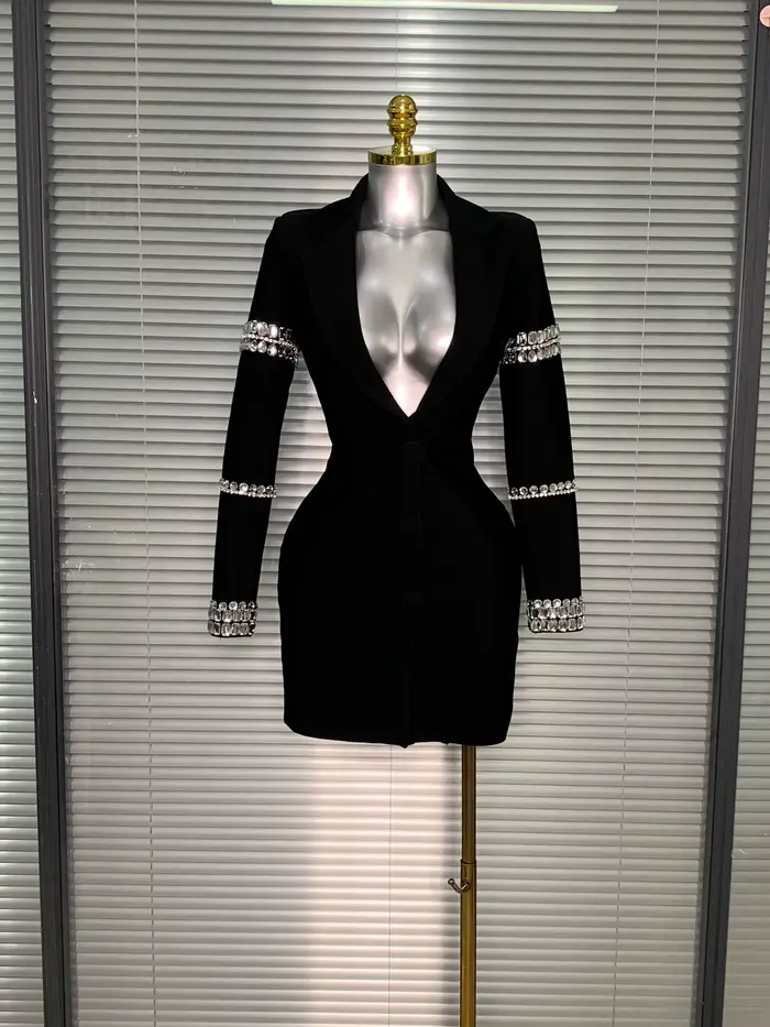 Robe à bandes pour femmes, flambant neuf, Sexy, décolleté en V profond, manches longues, Blazer perl