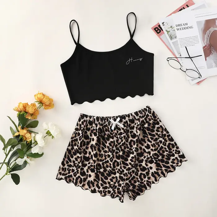 Ensemble pyjama pour femmes, Lingerie sexy, imprimé léopard, haut sans manches et short, pyjama, vêt