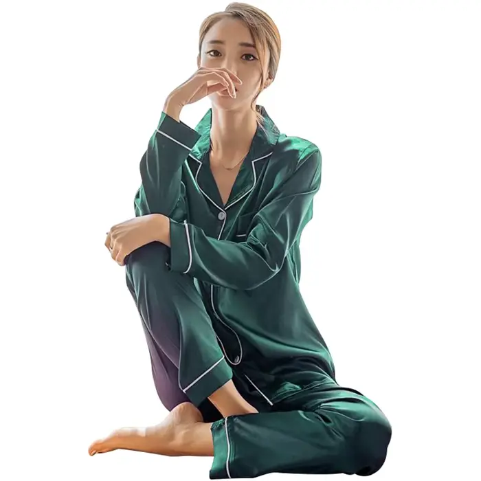 Femmes soie Satin Pyjamas ensemble à manches longues vêtements de nuit Pijama