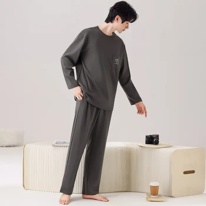 Ensemble de pyjama pour homme 100% coton, col rond, haut à manches longues, pantalon long, ample, doux, décontracté, deux pièces, vêtement de nuit.