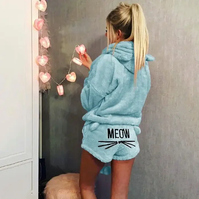 Ensemble de pyjama en velours chaud pour femmes, sweats à capuche et shorts, vêtements de nuit mignons, motif chat miaou, lieux, automne, hiver, 2 pièces pyjama pour femme ensembles pyjama vetements f