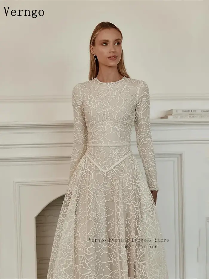 Verngo – robe de soirée en dentelle ivoire, col rond, manches longues, ligne A, pour occasions forme