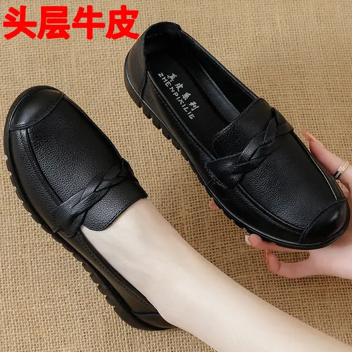 Chaussons en cuir décontractés et respirants pour maman, antidérapants, à semelle souple, faciles à