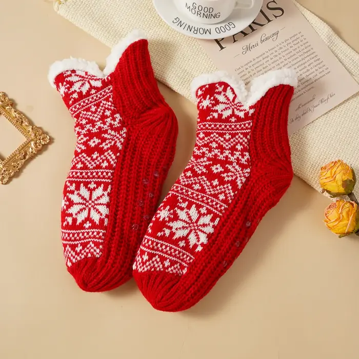 Chaussettes-pantoufles d'hiver pour femmes, doublées de polaire, motif flocon de neige de Noël, tric
