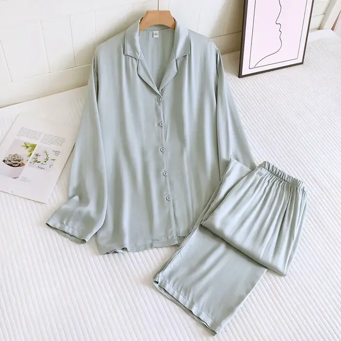 Pyjamas en coton et soie pour hommes et femmes, vêtements de maison en satin fin, pantalon à manches