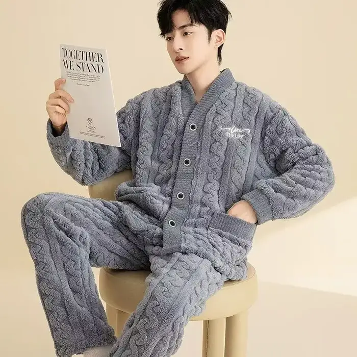 Ensemble pyjama homme 2026 – Hiver, épais, en flanelle pelucheuse, vêtements d'intérieur amples et d