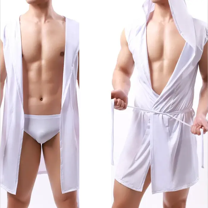 Hommes peignoir à capuche maille soie voir à travers sans manches serviette longue Robe de bain swea