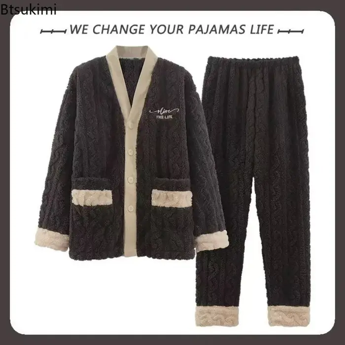 Nouveau automne hiver épais pyjamas ensemble pour hommes coréen Teddy Jacquard col en v bouton vêtements de nuit pour homme Kimono velours pyjama ensembles mâle