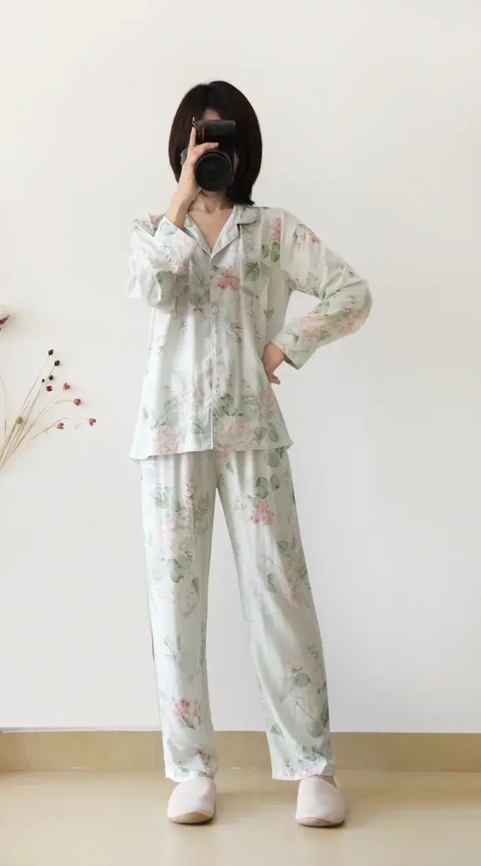 Pyjama à manches longues en fibre de viscose pour femme, costume pantalon en soie, impression de fleurs, service à domicile, style japonais, printemps et été, nouveau