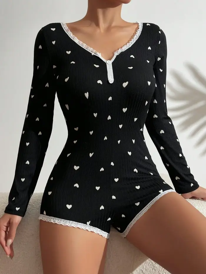 Nouvelle combinaison de pyjama une pièce pour femme de style américain avec imprimé cœur à manches l