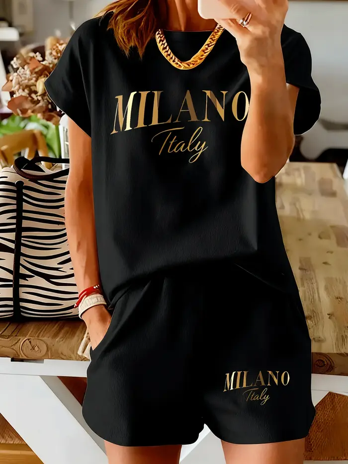 Ensemble femme Milan à imprimé lettres - Manches courtes et short - Tendance mode féminine décontractée et confortable