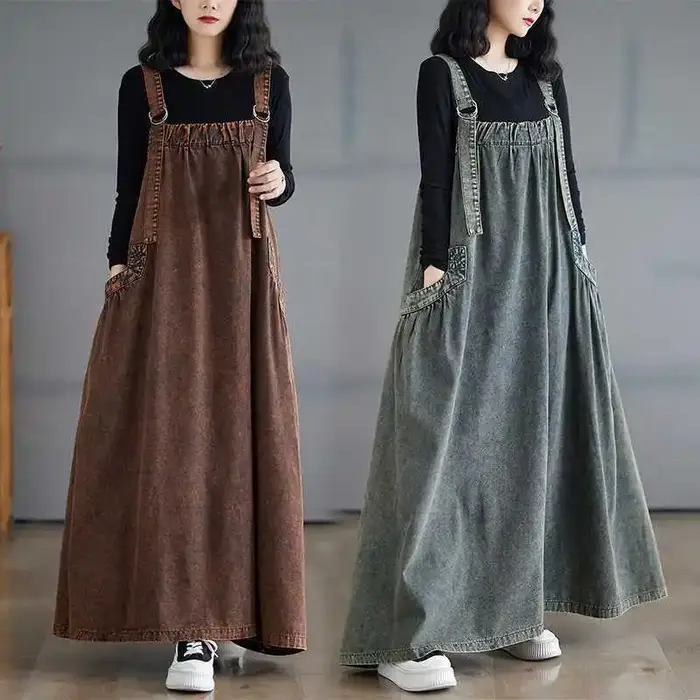 Robe en jean pour femme, style salopette, sans manches, délavée, vintage, robe d'été, streetwear, robe longue