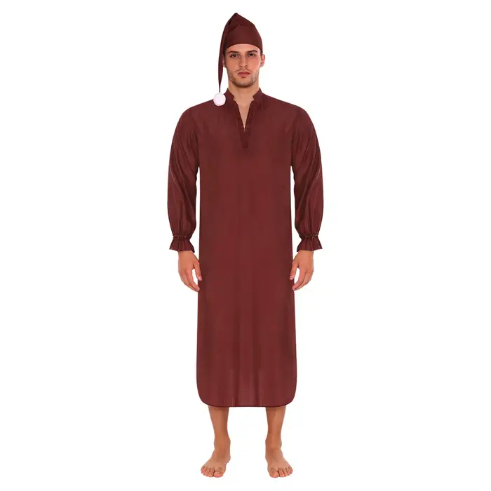 Robe de nuit vintage pour homme avec bonnet de nuit, bordure à volants, manches longues avec poignets à cordon, robe de nuit ample pour pyjama, fête