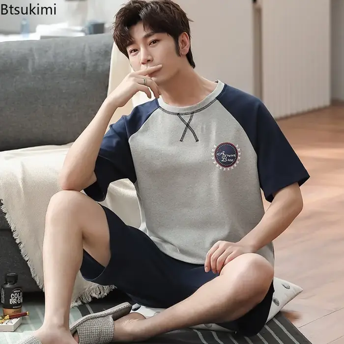 Soldes d'été : Ensemble pyjama homme en coton deux pièces – T-shirt à manches courtes et short décontracté et tendance pour la maison