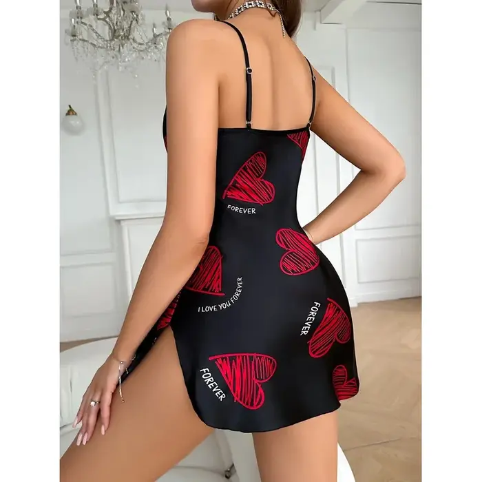 Robe de nuit en satin rouge à imprimé lèvres pour la Saint-Valentin, col en V, dos nu, mini-robe de nuit, vêtements de nuit pour femmes