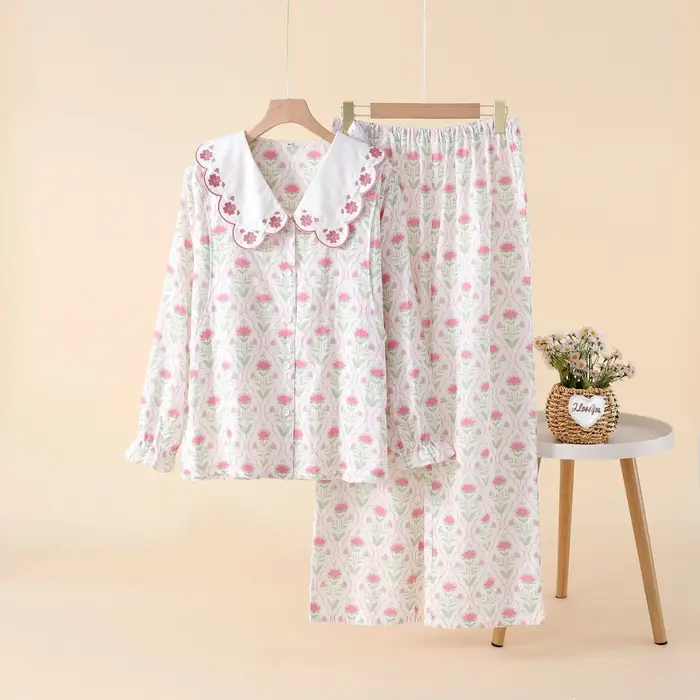 Pyjama en gaze Double couche en pur coton pour femmes, Style pastoral, taille réglable, vêtements de
