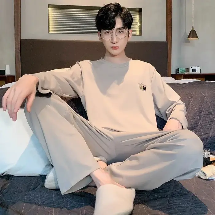 Pyjamas en coton hommes à manches longues adolescents grande taille vêtements de nuit Homewear col rond dessin animé