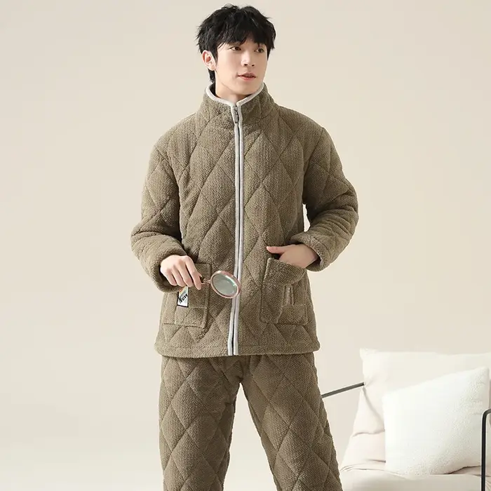 Le plus récent hiver pyjamas ensemble hommes épais 3 couches pince coton vêtements de nuit costumes