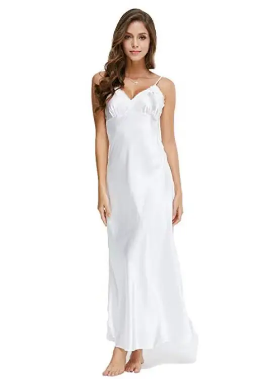 Robes de nuit en dentelle, col en v, blanc, cheville haute, bretelles Spaghetti, longues vêtements d