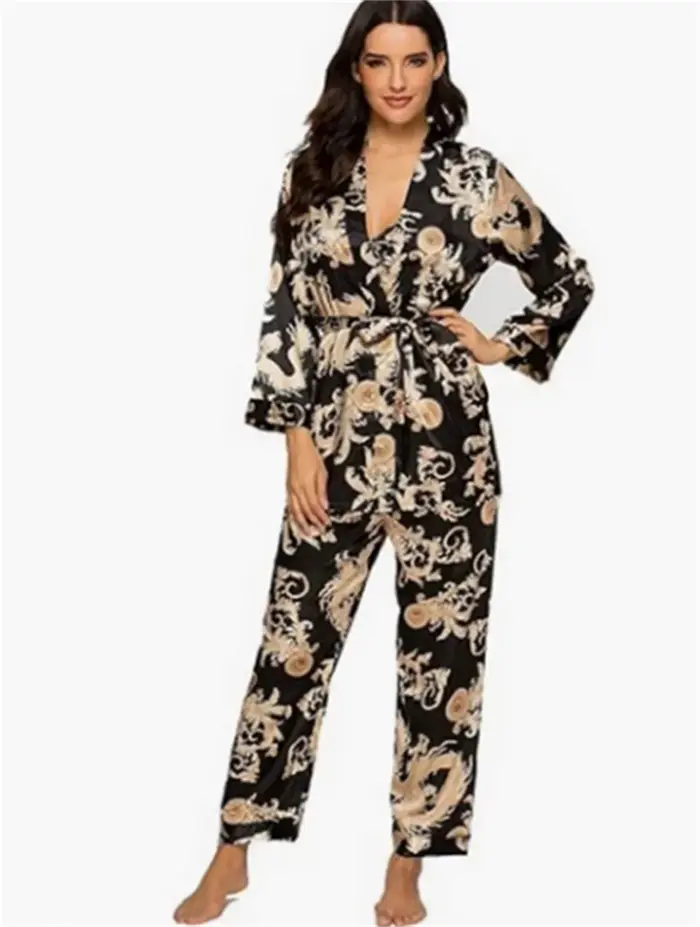 Ensemble pyjama de luxe en Satin de soie royale, 3 pièces, imprimé Floral Dragon, pyjama soyeux, vêt