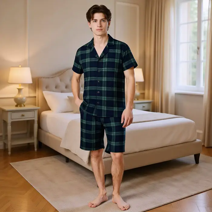 Ensemble de pyjama pour homme pour l'été, chemises à manches courtes boutonnées, shorts, ensemble de pyjama à carreaux, ensemble de détente doux, vêtements de nuit, tailles M-XL