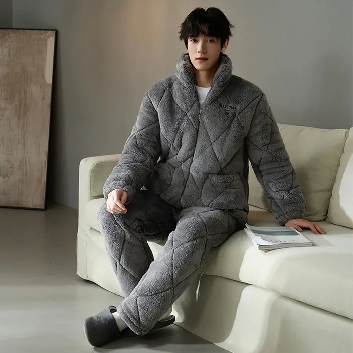 Épais chaud hiver Couple pyjamas ensemble 3 couches pince coton pyjamas décontracté doux M-3XL amour