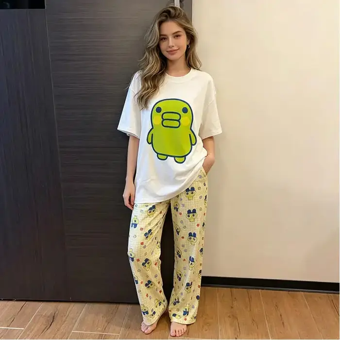 Ensemble de pyjamas en coton pour femmes, Kuchipatchi, été, mignon, dessin animé Tamagotchi, manches courtes, shorts, vêtements de détente fins et doux, vêtements pour filles, cadeau