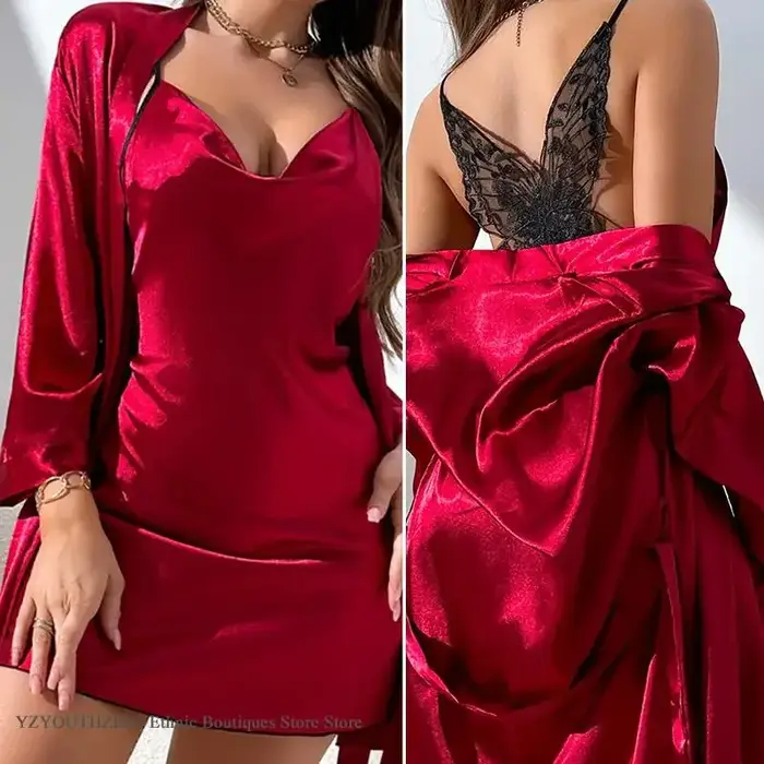 Femme nuisette et Robe ensemble quatre saisons Homewear papillon dentelle chemise de nuit pyjamas robes Wo pièce