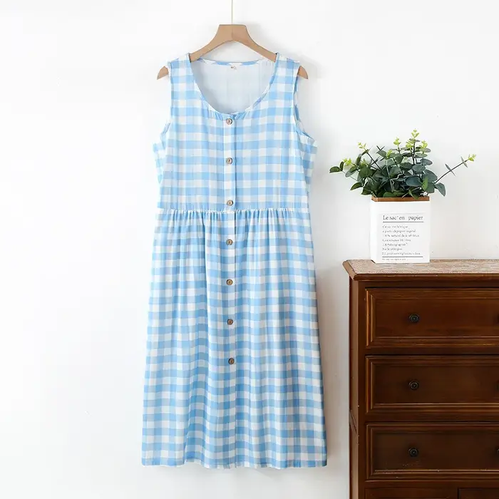 2025 chemise de nuit à carreaux femmes pur coton Double couche gaze vêtements de nuit été mince chem