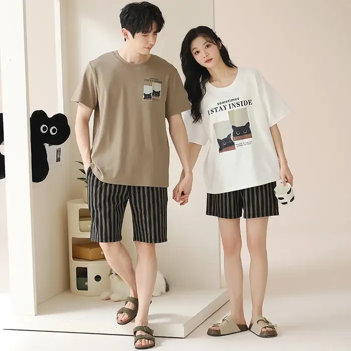 Ensemble pyjama pour Couple hommes et femmes, 100% coton, manches courtes, mignon, dessin animé