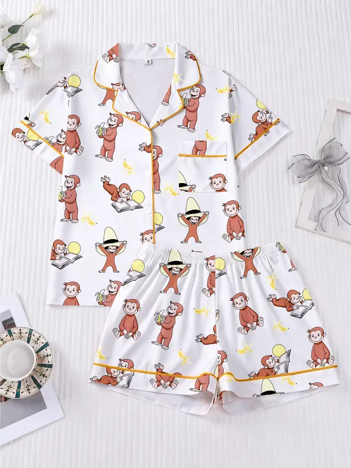 Ensemble de pyjama pour femme, ensemble de pyjama imprimé singe, haut confortable à col rabattu et s