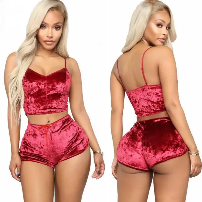 Ensemble de pyjama à bretelles sexy pour femmes, sous-vêtements confortables à col en V, vêtements pour la maison, velours, polyester, fibre, 2 pièces