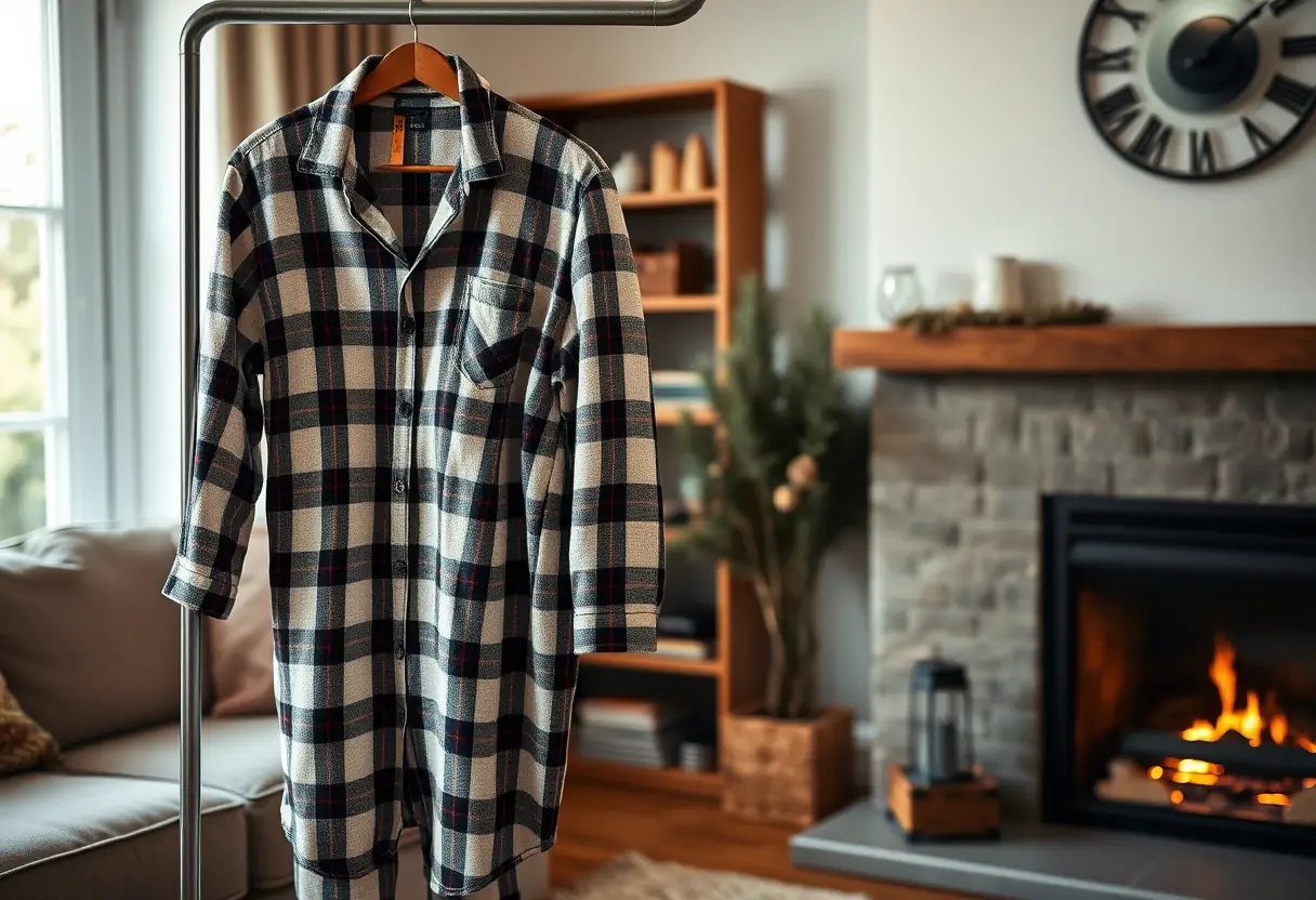 Un ensemble de pyjama en flanelle suspendu près d'une cheminée dans un salon accueillant